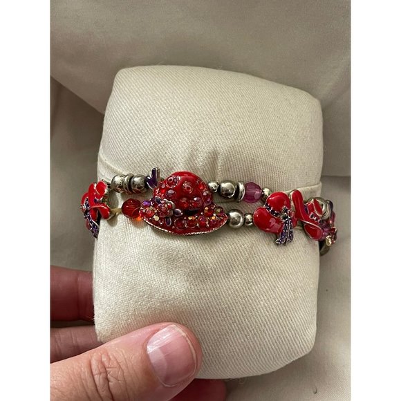 Vintage Silver Tone/Red/Purple Enamel Rhinestone Hat Charm/Bead Stretch Bracelet - Picture 7 of 12